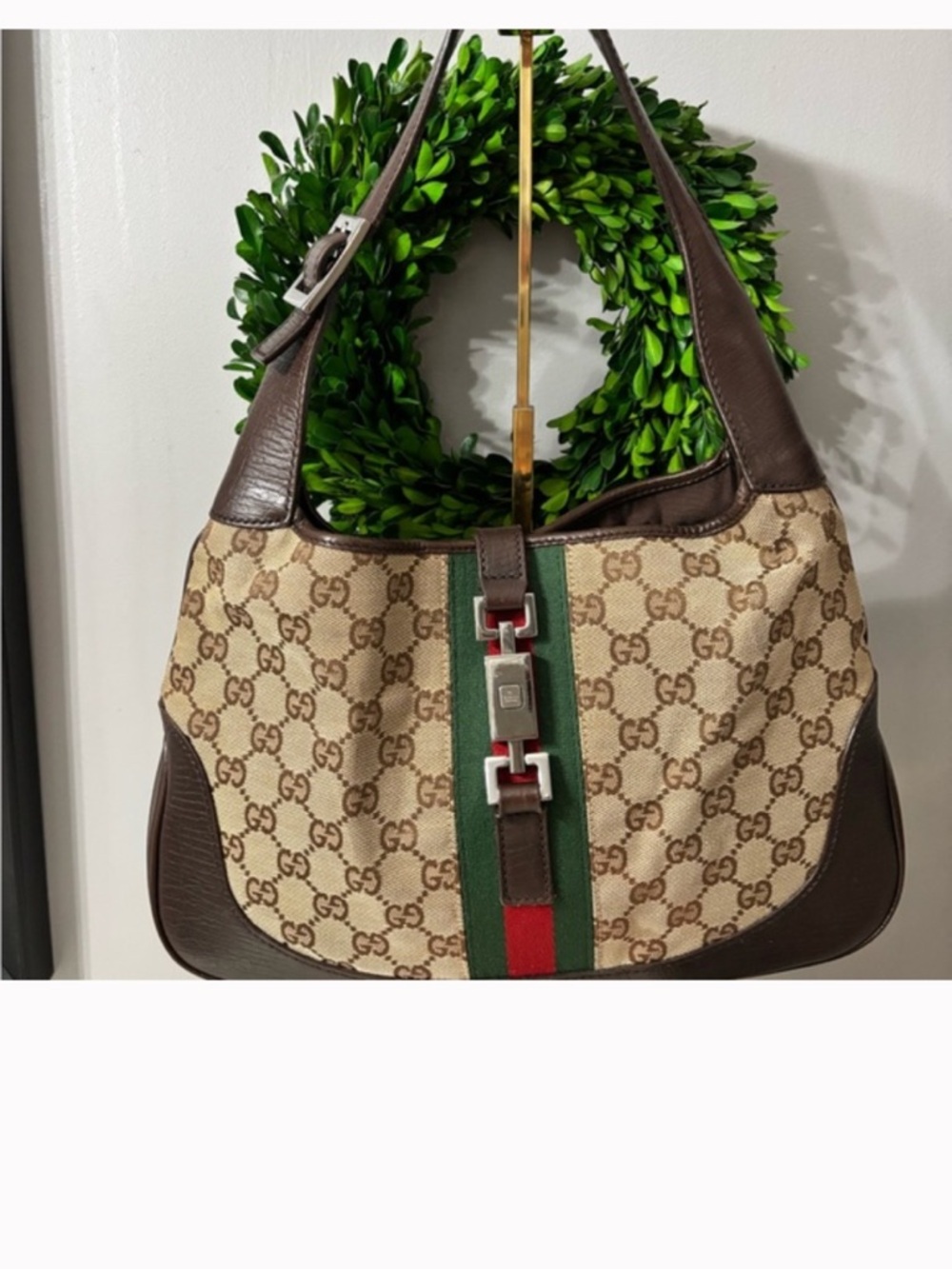 Gucci Jackie GG Canvas and Leather Hobo Bag with Green-Red Stripe